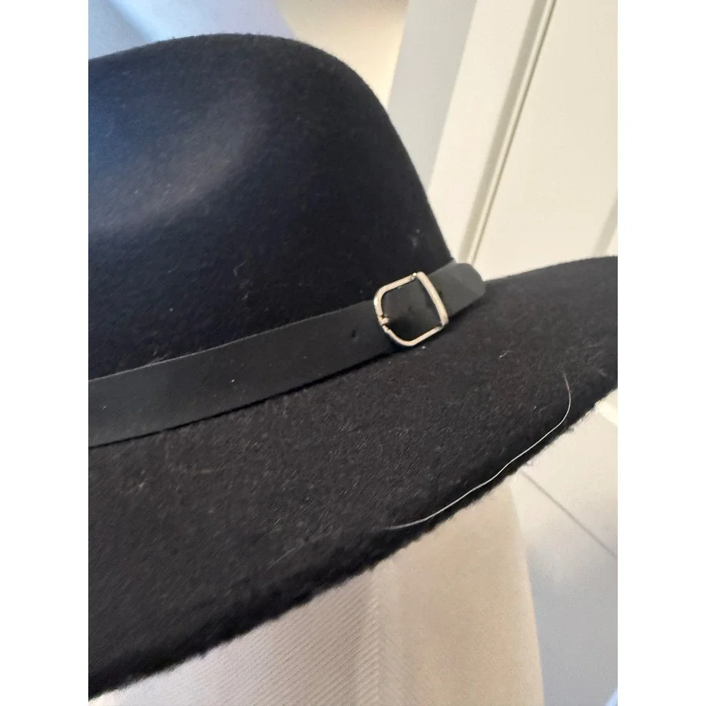 Womens Black Felt Fedora Hat‎ Wide Brim Band Detail